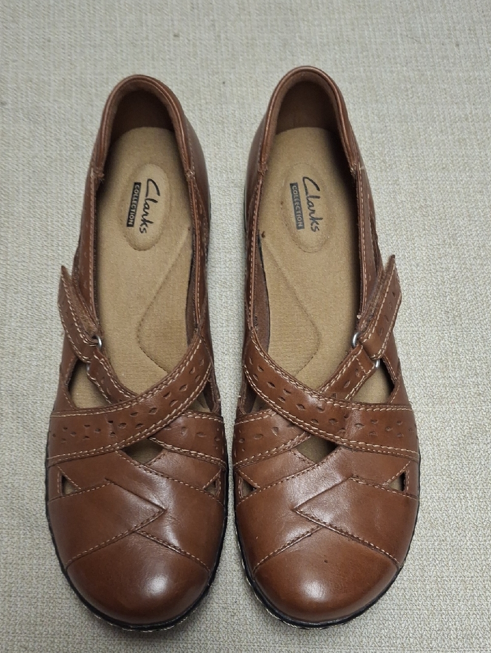 Clarks Women's Cognac Brown Leather Strappy Mary Jane Flats Size 10 N